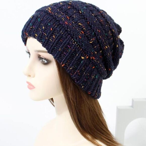 NEW! Cute Confetti Knit Minimalist Women's Beanie Hat Toboggan Cap Navy Speckled - Picture 1 of 2
